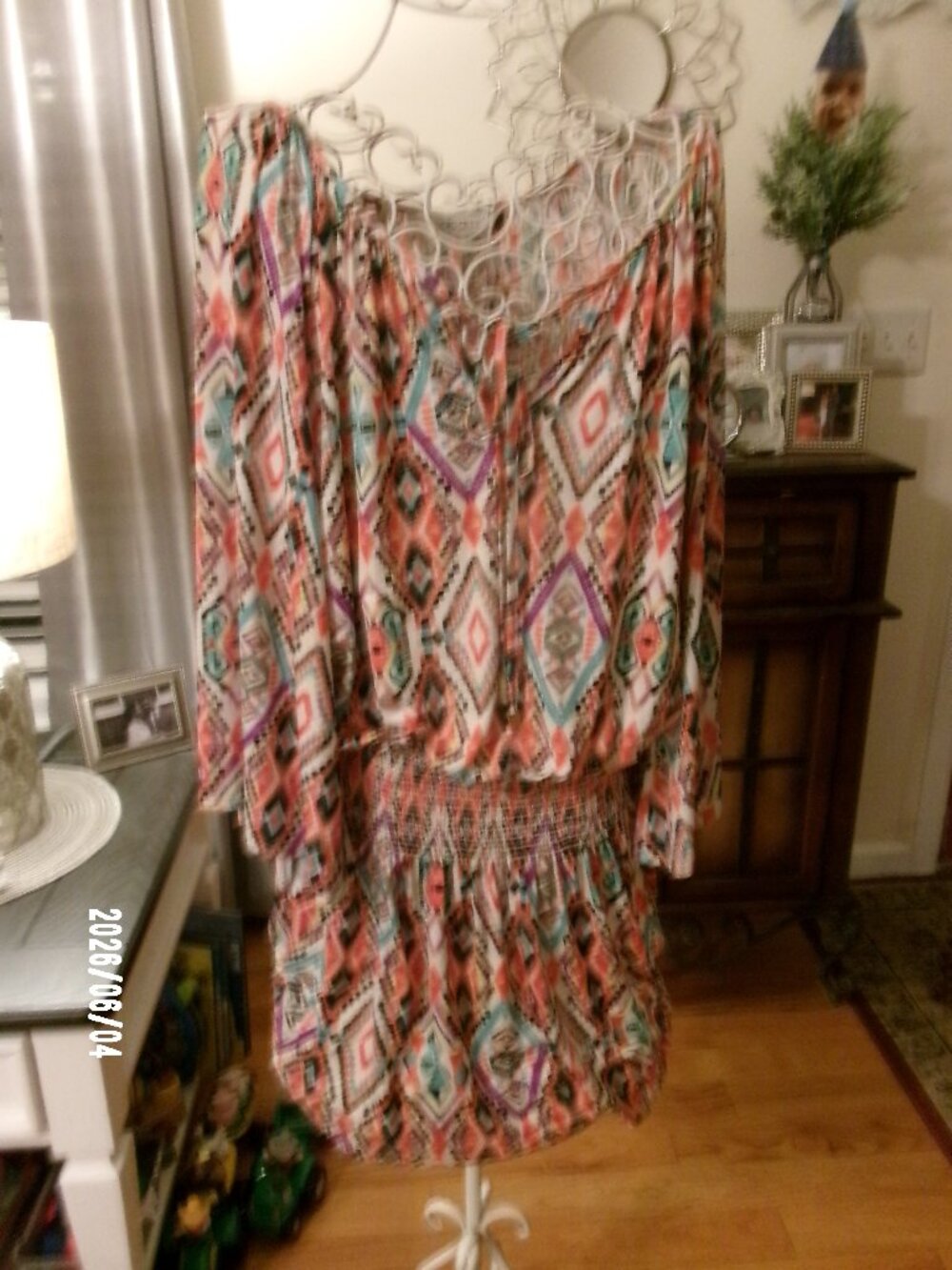 Veronica M Geometric Print Stretchy Drop Waist Tassels Dress Sz Large Flare Slv
